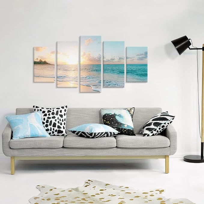 Goldfoilart 5 Pieces Beach Sunset Canvas Wall Art Blue Sea Prints Romantic - Image 7