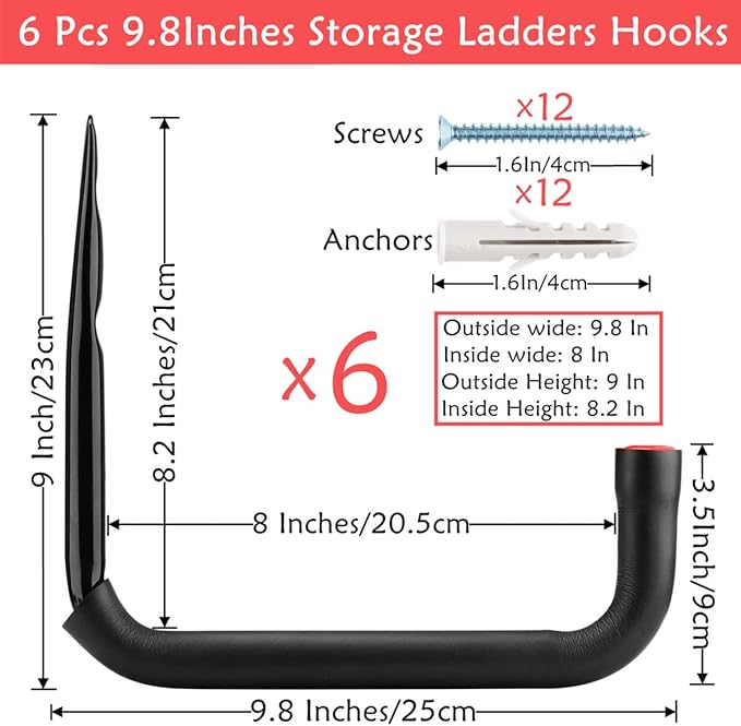 Garage Storage Ladders Hooks, 6 Pack Heavy Duty Utility Hanger, 9.8IN Wall - Image 2