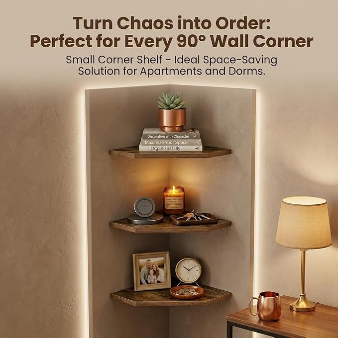 SUYU Set of 3 Floating Corner Shelves, 11.8" Rustic Wood Corner Shelf Wall - Image 7