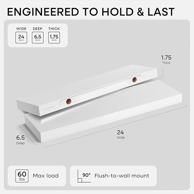 Homeforia White Floating Shelves 24 inch, High End Solid Real Wood 24inch - Image 2