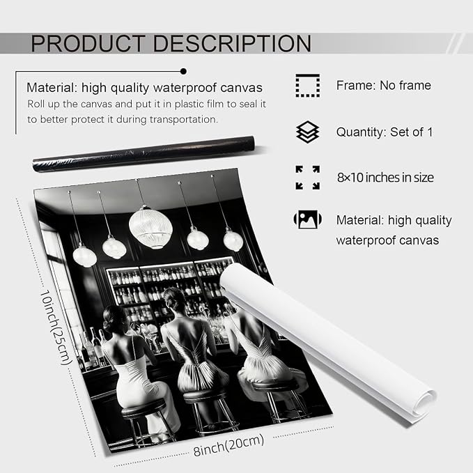 FuSatisYilife Vintage Black and White Canvas Wall Art Trendy Women Drink - Image 2