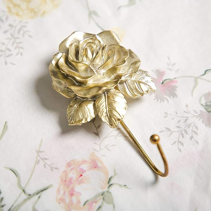 2Pcs Gold Flower Wall Hooks, Cute Decorative Coat Hooks, Vintage Resin Rose - Image 5