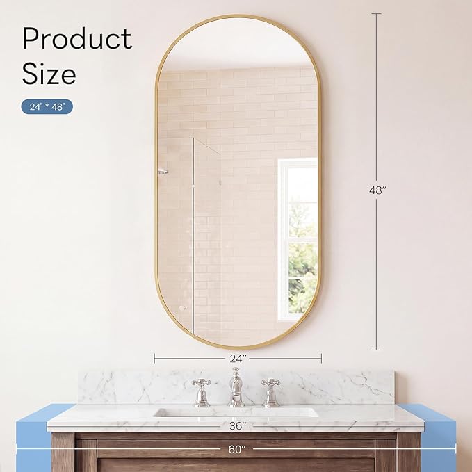 DUMOS 24" x 48" Oval Bathroom Mirror, Tempered Glass, Morden Vanity Mirror - Image 3