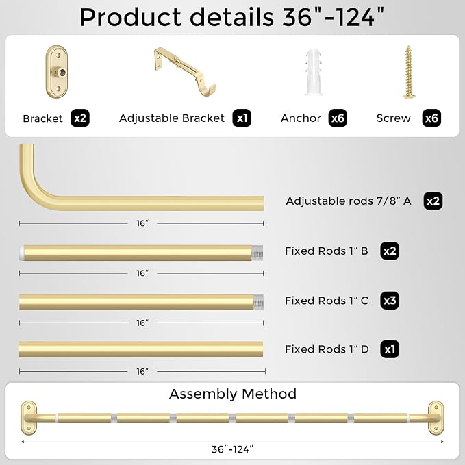 Curtain Rods 36-120 Inch, 1 Inch Adjustable Long Heavy Duty Room Darkening - Image 7