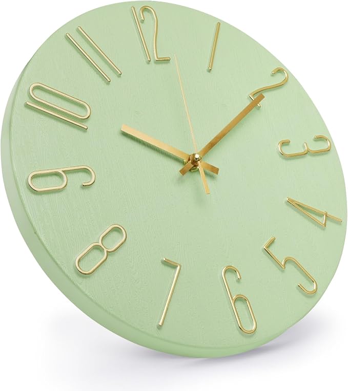 Wall Clock 12 Inch Silent Non-Ticking Imitation Wood Indoor Clock Round Green - Image 2