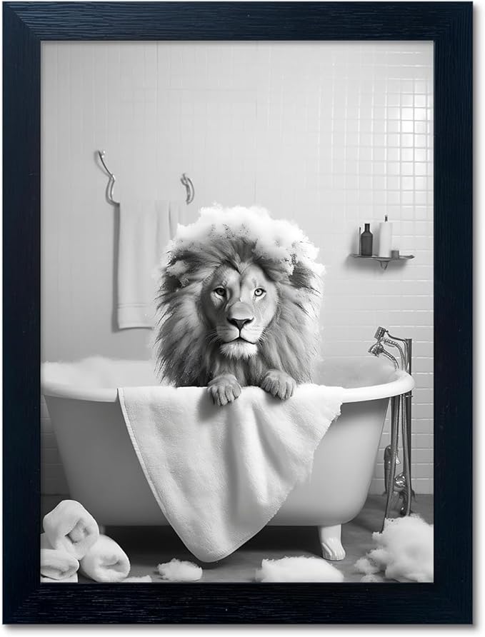 Framed Black and White Animal Bathroom Wall Art Funny Lion in tub Bathroom by Melpa+Art