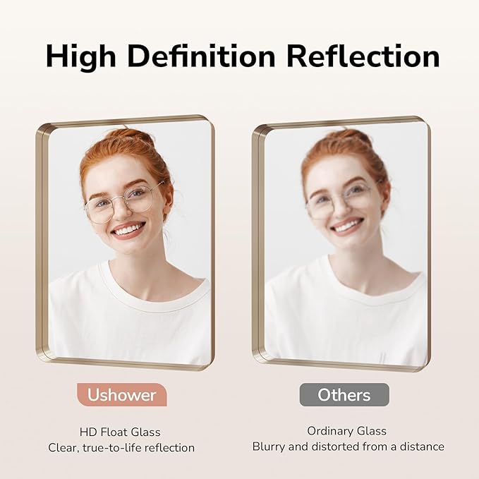 USHOWER Gold Bathroom Mirror 24"x36", Brushed Gold Rounded Rectangle Mirror - Image 3