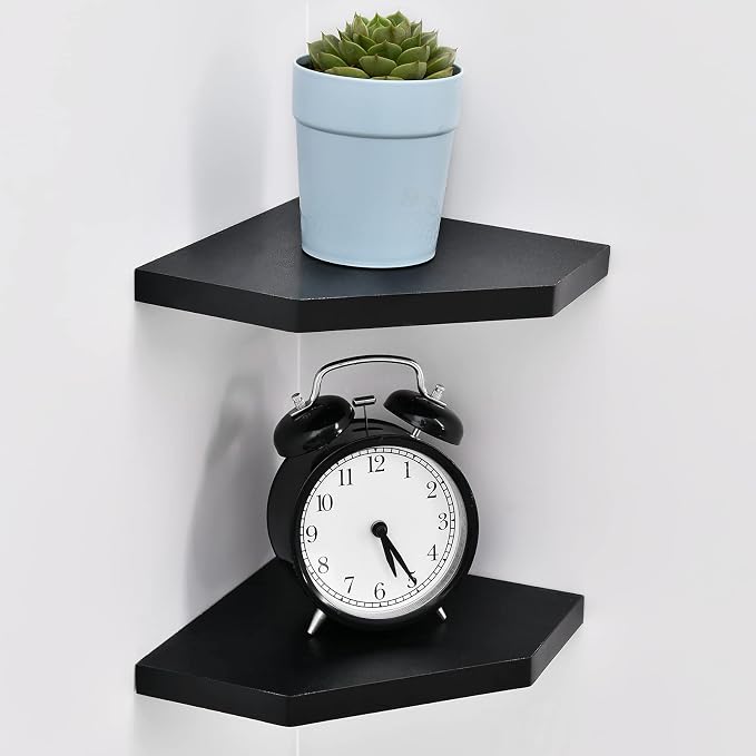 WELLAND 7-Inch Black Floating Corner Shelves Set of 2, Wall Mounted Storage - Image 6