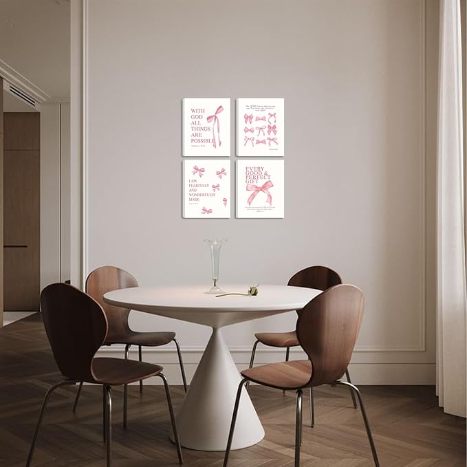 SEHSUVC Coquette Pink Bow Bible Verse Wall Art Set of 4, Christian Scripture - Image 2