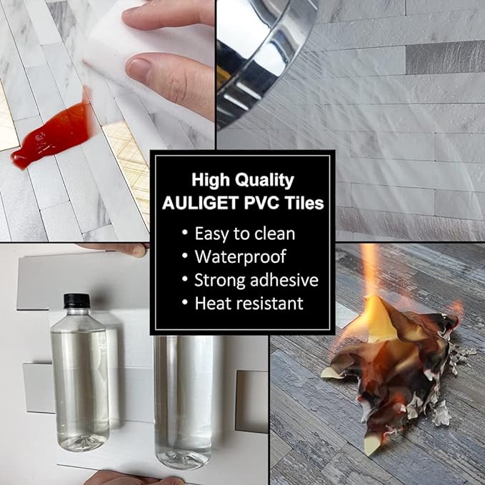 AULIGET Faux Stone Peel and Stick Backsplash, Light Grey Marble Look PVC Mixed - Image 5