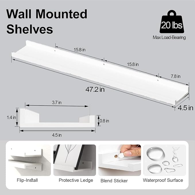 White Floating Shelves for Wall Decor, Long Wall Mounted Storage Shelf for - Image 3