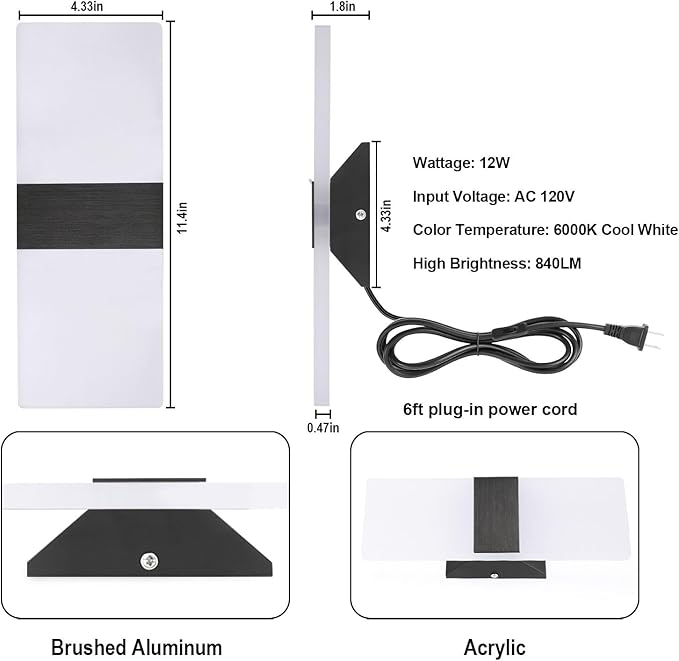 TRLIFE Modern Wall Sconce, Wall Sconce Plug in 12W LED 6000K Cool White Acrylic - Image 4