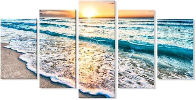 Goldfoilart 5 Pieces Beach Coastal Wall Art Sea Sunset Seascape Pictures Ocean by Goldfoilart