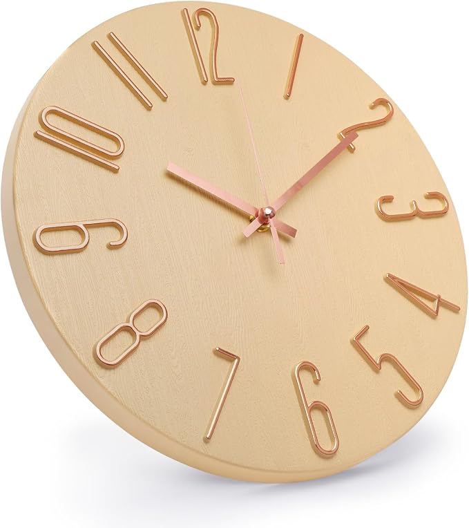 Wall Clock 12 Inch Silent Non-Ticking Imitation Wood Indoor Clock Round Beige - Image 2