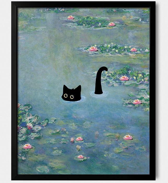 Hamduker Funny Black Cat Wall Art, Monet Art Water Lily Cat Wall Art Decor by Unknown