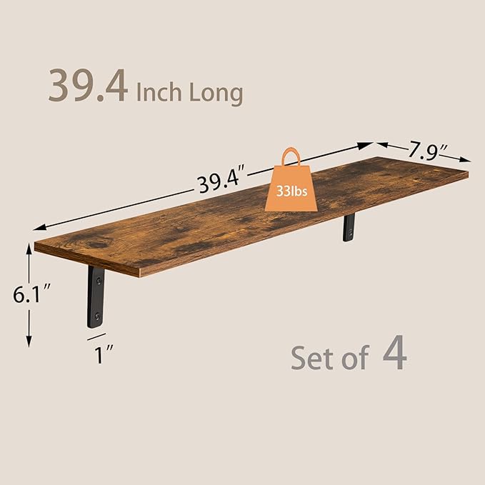 DINZI LVJ Long Wall Shelves, 39.4Inch Wall Mounted Shelves Set of 4, Extra - Image 3