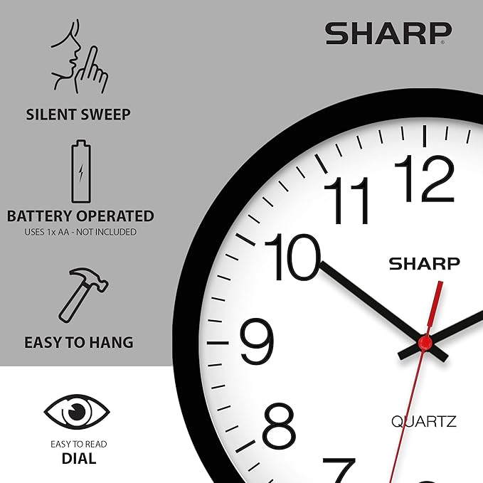 Sharp Wall Clock – Black, Silent Non Ticking 14 Inch Quality Quartz Battery - Image 5
