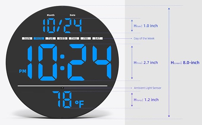 Digital Wall Clock with Large LED Display, Temperature, Auto-Brightness | Small - Image 3