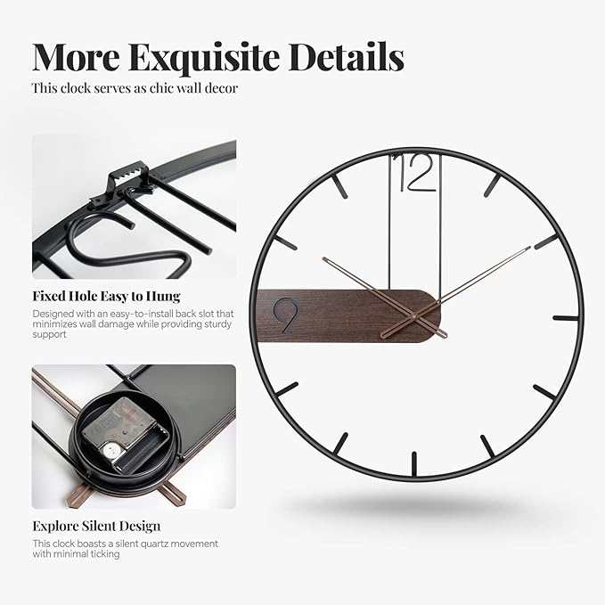 Cuspin 30 Inch Large Wall Clock, Modern Wood Metal Frame Silent Non Ticking - Image 4