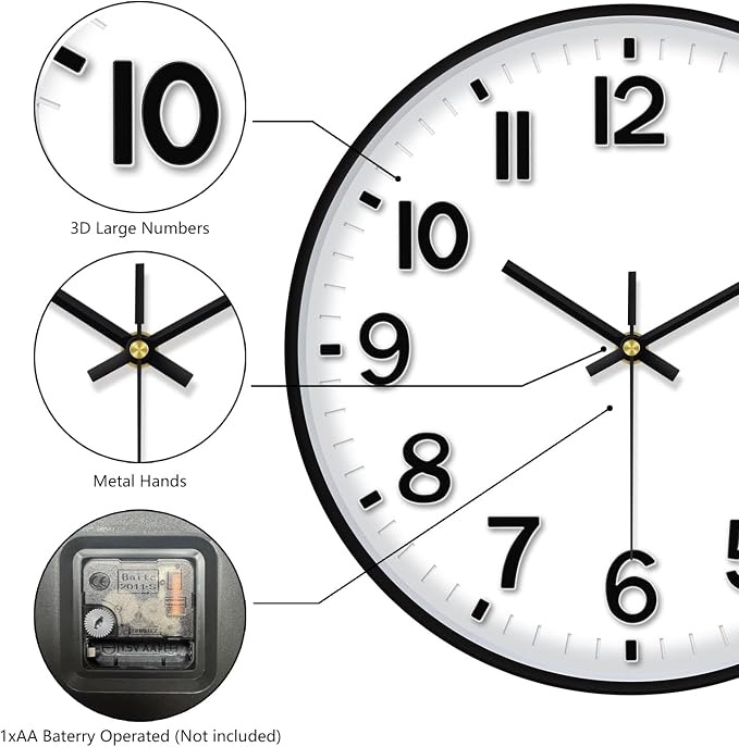 Modern Wall Clock, 10 Inch Digital Wall Clocks Battery Operated, Round Non - Image 7