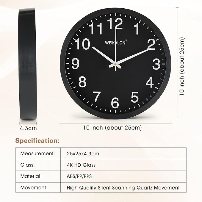 WISKALON 10 inch Wall Clock, Silent Non-Ticking Elegant Black Frame Wall Clock - Image 6