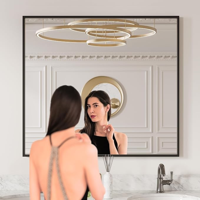 LOAAO 40"X36" Black Rectangle Bathroom Mirror Wall, Matte Black Aluminum Alloy - Image 2
