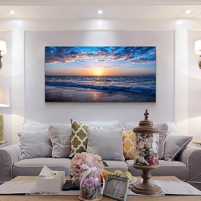 Wapluam Beach Wall Art -Blue Sea Coastal Sunset Natural Scenery Picture -Print - Image 3