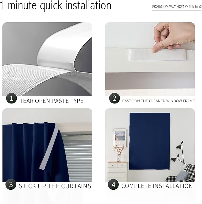 Thermal Blackout Curtains with Self-Adhesive Tape, No Rod No Drill Easy Install - Image 3
