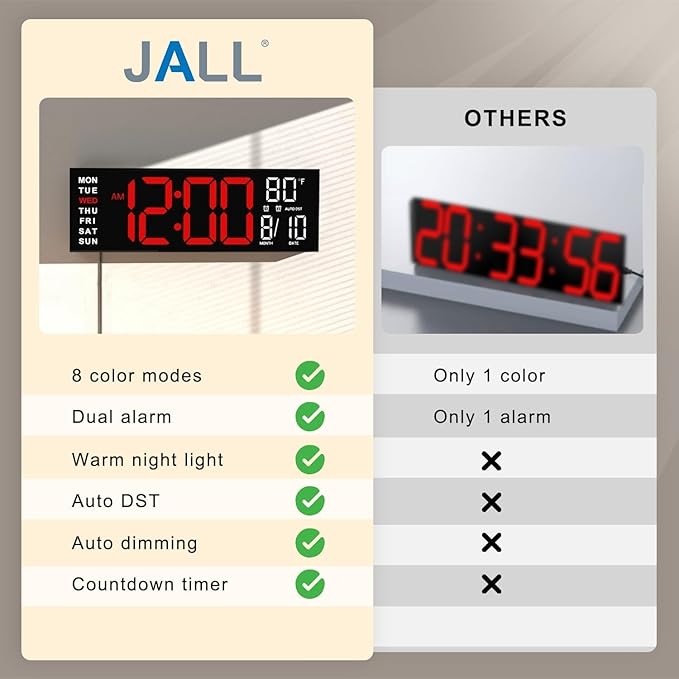 JALL 16" Large Digital Wall Mount Clock, Count Down Timer, Big LED, RGB Color - Image 8