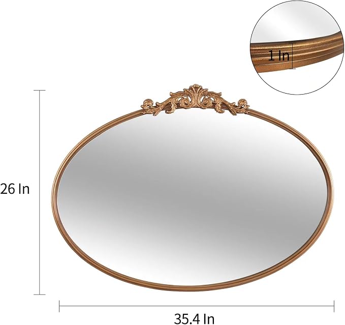 HQiJun Oval Gold Mirror for Bathroom Vanity, Baroque Ornate Vintage Wall Mirror - Image 2