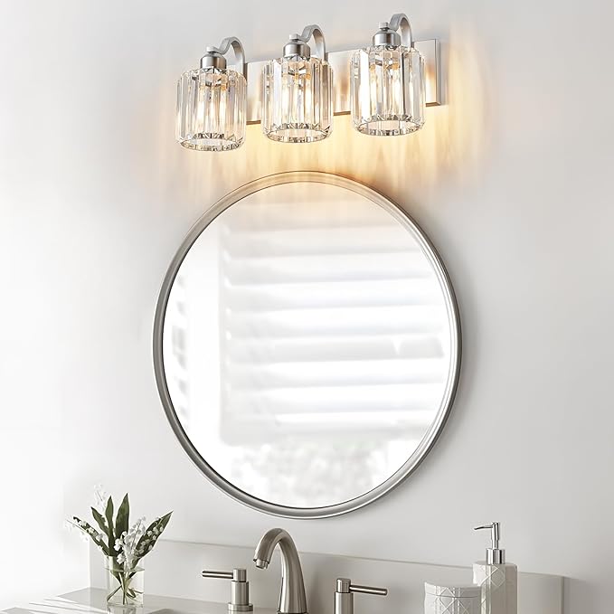Modern Vanity Light 3-Lights Brushed Nickel Vanity Light Crystal Bathroom Wall - Image 2