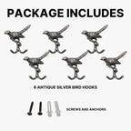 6 pcs Antique Silver Bird Decorative Wall Hooks - Image 4