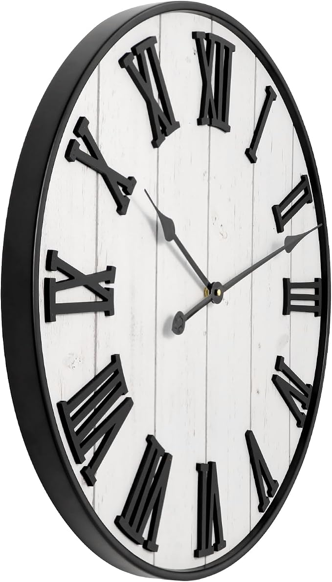 Large Rustic Wooden Wall Clock, 24 Inch Whitewashed Farmhouse Wall Clock - Image 8