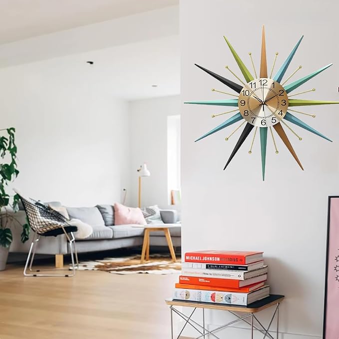 22 Inch Mid-Century Style Metal Crystal Wall Clock, Star-Shaped Silent - Image 3