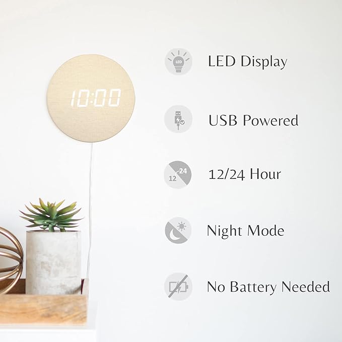 Minimalist LED Digital Wall Clock – USB Powered | Beige Lenin Style | 12/24 Hour - Image 3