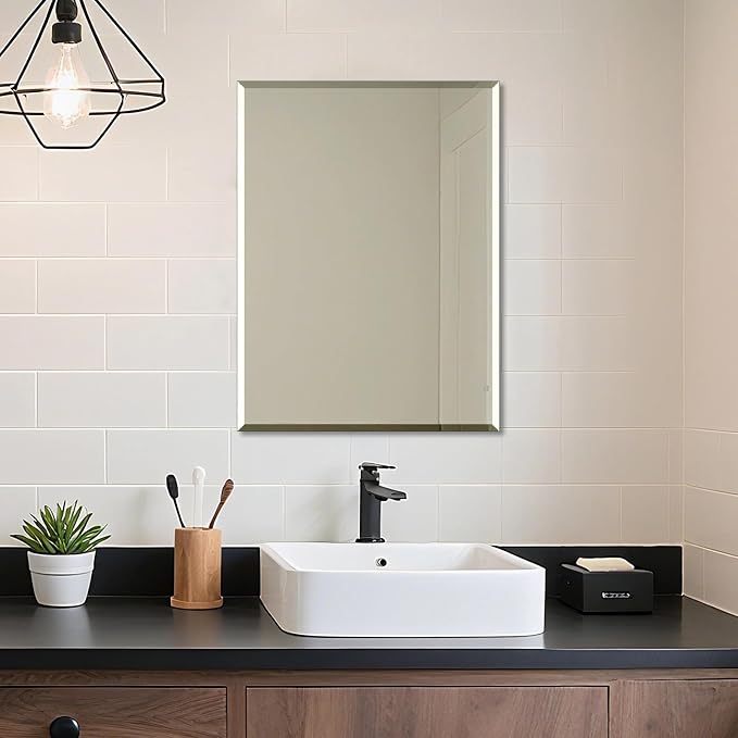 Frameless Bathroom Mirror for Wall, Rectangle Beveled Edge Mirror for Over Sink - Image 2