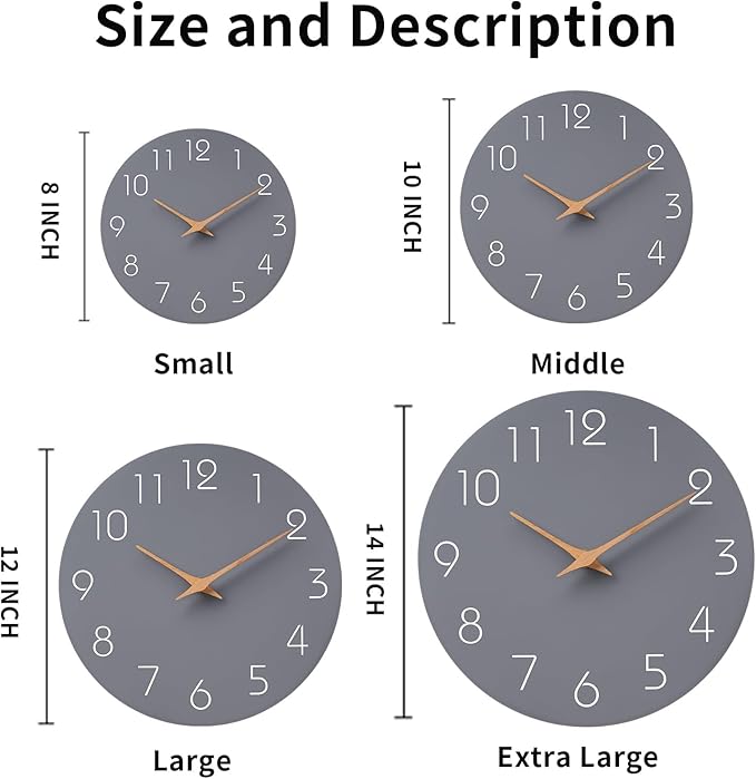 Mosewa Wall Clock 8 Inch Gray Battery Operated Silent Non Ticking Simple Modern - Image 3