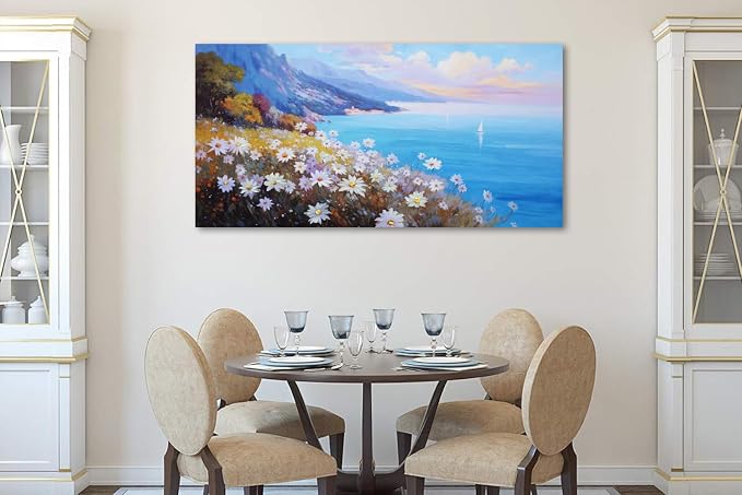 Anolyfi Coastal Landscape Wall Art Nature Flower Mountain Canvas Painting Blue - Image 5