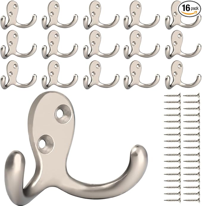 IBosins 16 Pack Heavy Duty Double Prong Coat Hooks Wall Mounted by IBosins