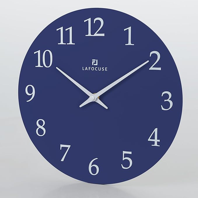 Lafocuse 12 Inch Wooden Navy Blue Wall Clock Battery Operated, Simple - Image 4