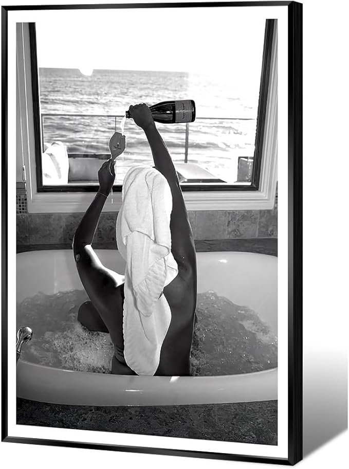 Trendy Black and White Poster Funny Woman Drinking Wine in Bathtub Wall Art by Acqooeakt