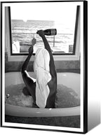 Trendy Black and White Poster Funny Woman Drinking Wine in Bathtub Wall Art by Acqooeakt