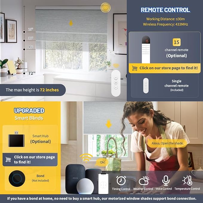 Motorized Smart Blinds With Remote, Grasscloth Fabric Roller Shades With - Image 4