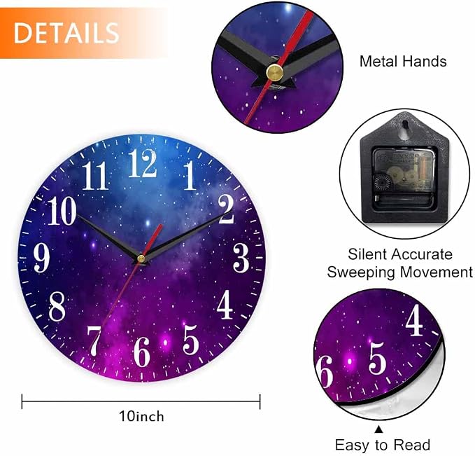 Mxocom Colourfull Sky Wall Clock Blue Purple Nebula White Colour Star 10 Inch - Image 2