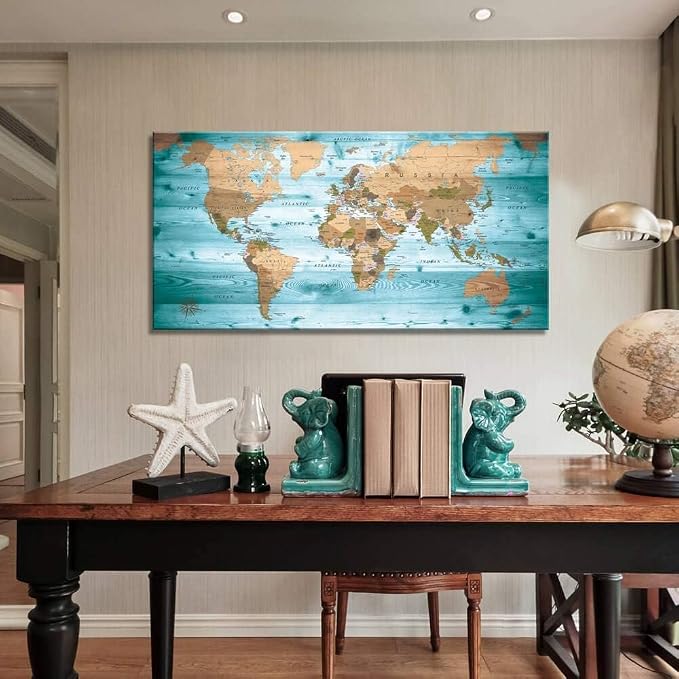 Large Wall Art Blue map of The World Painting Ready to Hang 29"x58"Large Framed - Image 5
