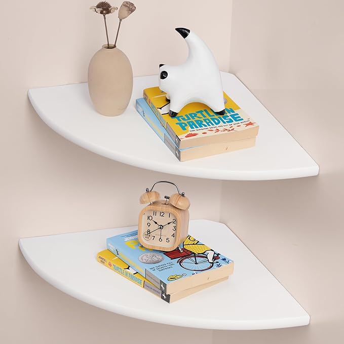 Gieanoo Floating Corner Shelves Set 2 16inch White Solid Oak Rounded Corner by GIEANOO