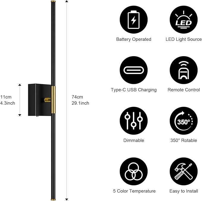 Wall Sconces Set of Two with Remote Control 29.1 in Dimmable Black Gold Battery - Image 4