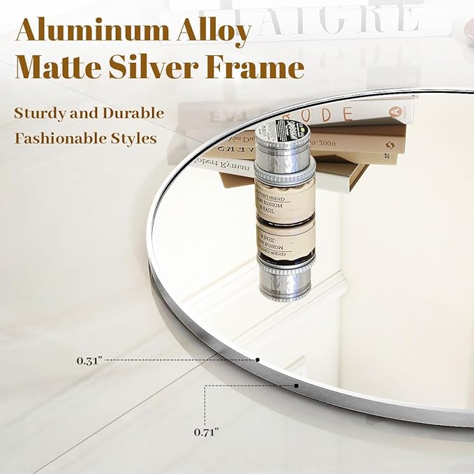 VooBang Silver Round Bathroom Mirror, 24 inch Circle Wall Mounted Hanging Mirror - Image 3