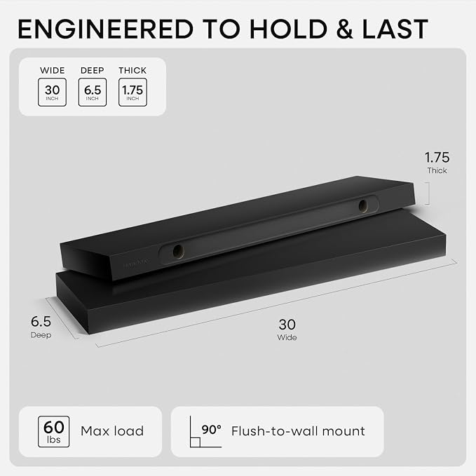 Homeforia Black Floating Shelves 30 inches Long, High End Solid Real Wood 30 - Image 3