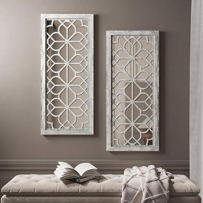 Set of 2 13x30 Inch Large Grey Shatterproof Carved Floral Wood Frame Wall by HMANGE